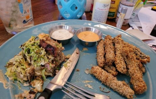 Crispy Zucchini Fries with Brussels Meatloaf Stack & Dipping Sauces