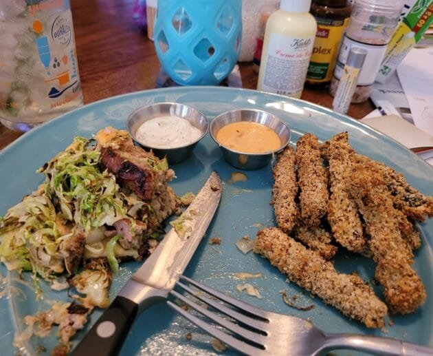 Crispy Zucchini Fries with Brussels Meatloaf Stack & Dipping Sauces