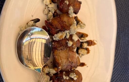 Balsamic-Glazed Bacon-Wrapped Dates with Crumbled Vegan &ldquo;Cheese&rdquo;