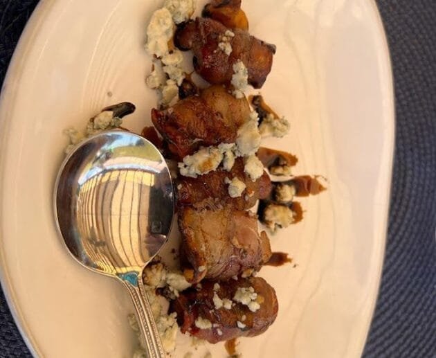 Balsamic-Glazed Bacon-Wrapped Dates with Crumbled Vegan “Cheese”