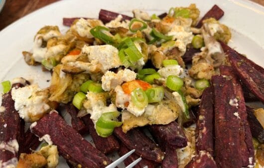 Loaded Purple Sweet Potato Fries with Mushrooms & Dairy-Free Cream