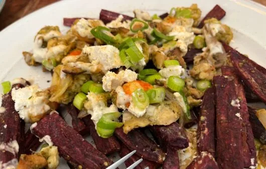 Loaded Purple Sweet Potato Fries with Mushrooms & Dairy-Free Cream