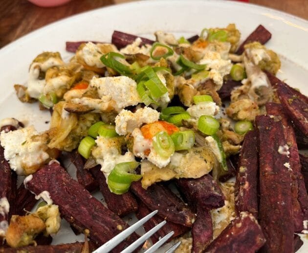 Loaded Purple Sweet Potato Fries with Mushrooms & Dairy-Free Cream