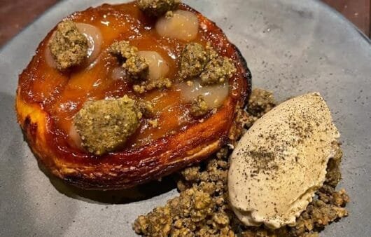 Gluten-Free Caramelized Apple Tart with Pear Gel, Pistachio Crumble & Chai-Spiced Coconut Ice Cream