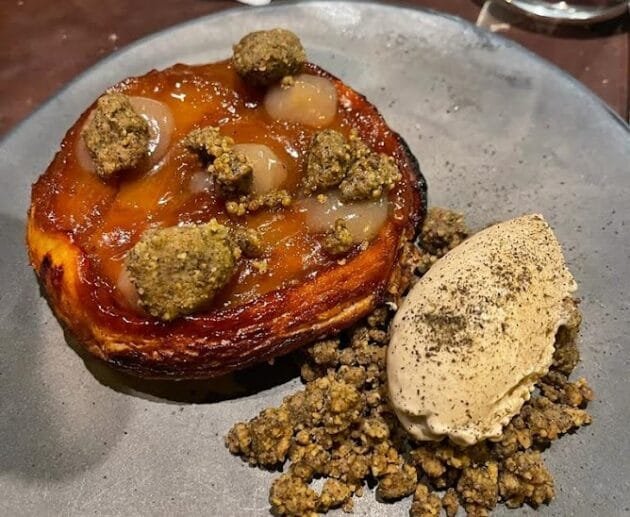 Gluten-Free Caramelized Apple Tart with Pear Gel, Pistachio Crumble & Chai-Spiced Coconut Ice Cream