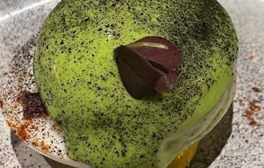 Gluten-Free Matcha Coconut Mousse Dome with Mango Compote & Charcoal Dust