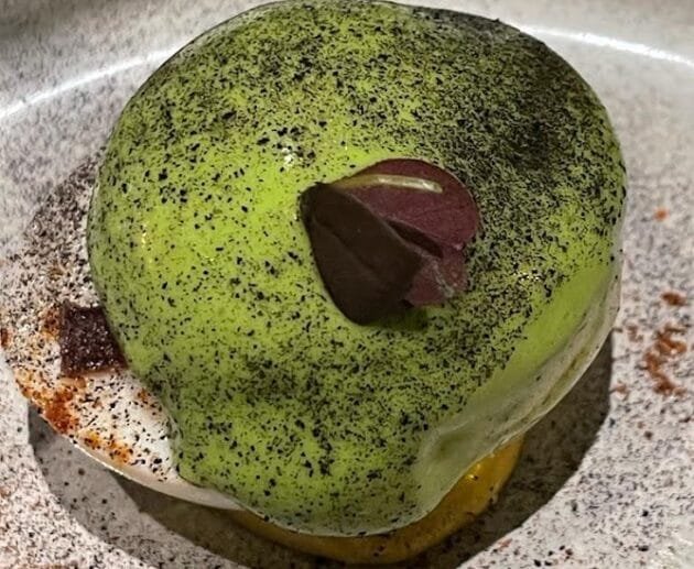 Gluten-Free Matcha Coconut Mousse Dome with Mango Compote & Charcoal Dust