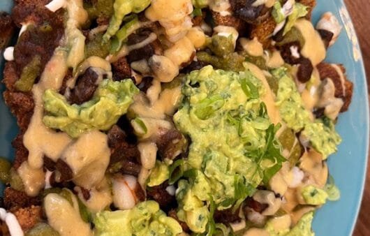 Loaded Plantain Nachos with Cashew Cheese and Guacamole
