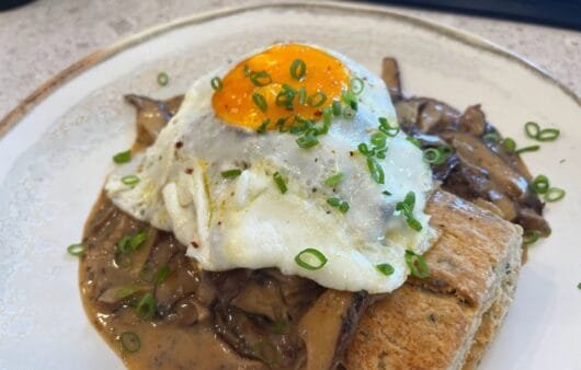 Savory Mushroom Gravy Biscuit Stack with Fried Egg
