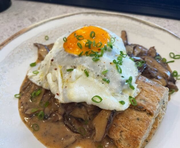 Savory Mushroom Gravy Biscuit Stack with Fried Egg