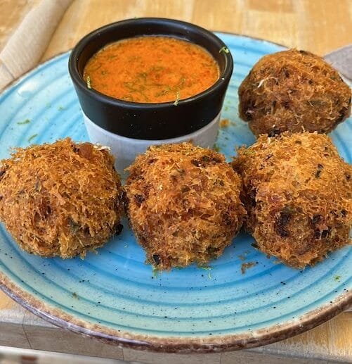 Gluten-Free, Soy-Free, Dairy-Free Crispy Veggie Fritters with Roasted Red Pepper Dip