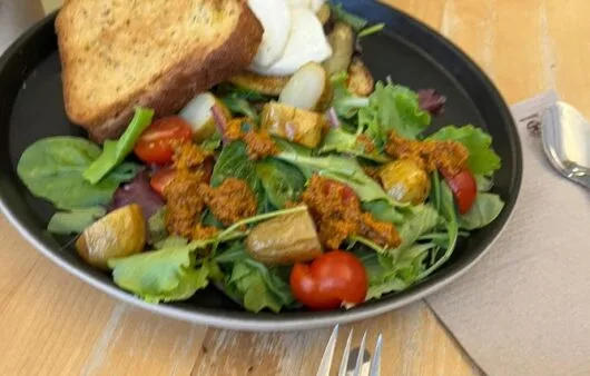 Warm Roasted Veggie Salad with Sundried Tomato Pesto & Gluten-Free Toast