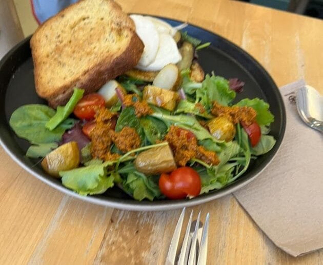 Warm Roasted Veggie Salad with Sundried Tomato Pesto & Gluten-Free Toast