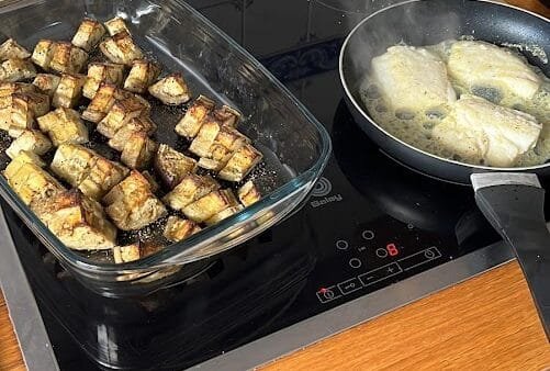 Garlic-Roasted Eggplant with Steamed White Fish
