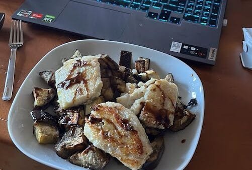 Seared White Fish Over Garlic-Roasted Eggplant with Balsamic Drizzle