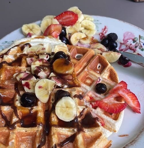 Gluten-Free, Soy-Free, Dairy-Free Waffles with Fresh Fruit & Chocolate Drizzle