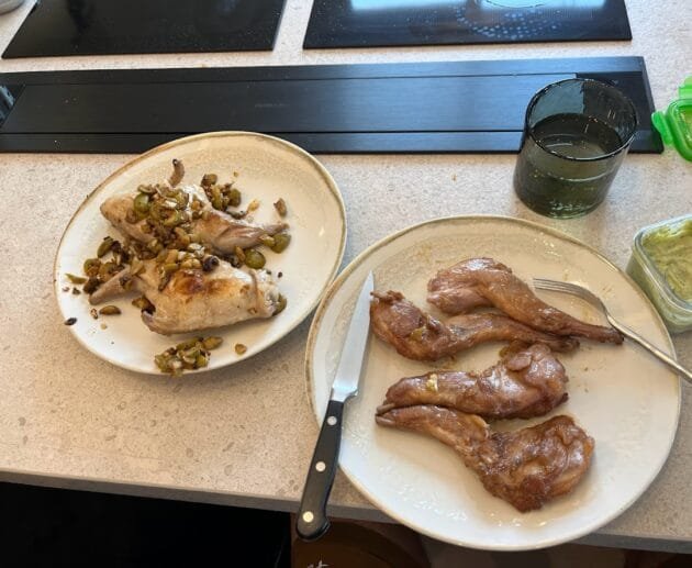 Garlic-Roasted Rabbit with Olive-Pistachio Garnish