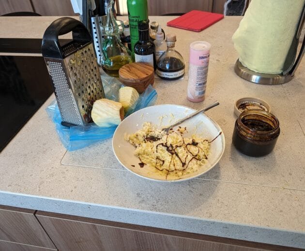 Scrambled Eggs with Grated Vegan Cheese & Balsamic Drizzle