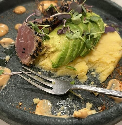 Sesame-Crusted Seared Tuna with Avocado over Olive Oil Mashed Potatoes