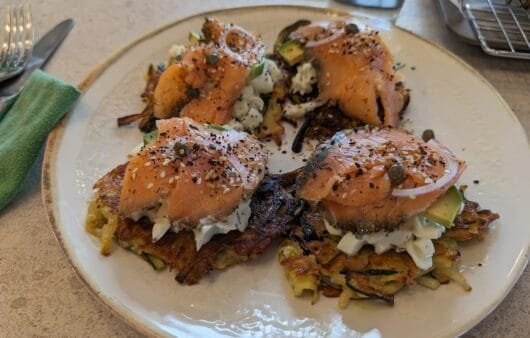 Smoked Salmon Zucchini Fritters with Vegan Dill CreamA