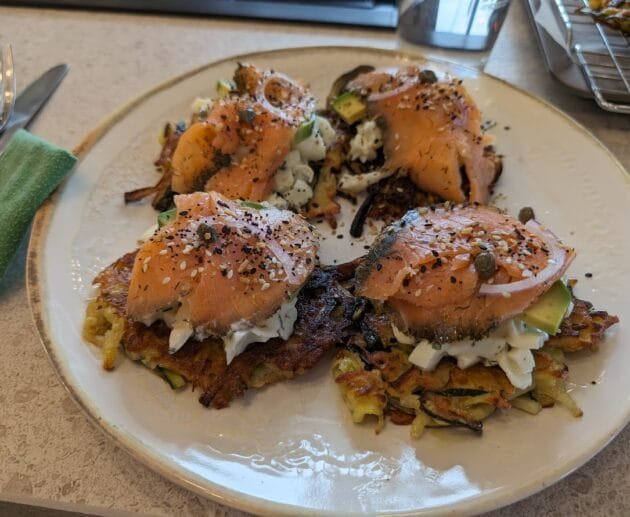 Smoked Salmon Zucchini Fritters with Vegan Dill CreamA