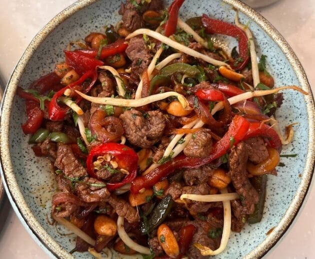 Chili Garlic Beef Stir-Fry with Peppers and Peanuts