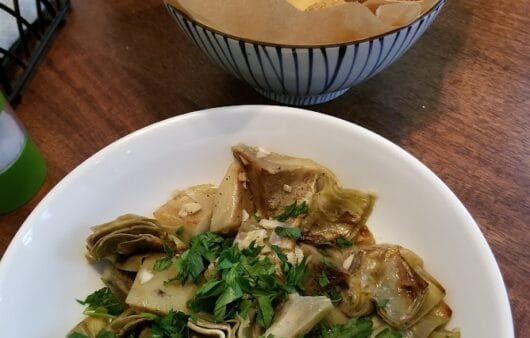 Garlic Saut&eacute;ed Artichokes with Crispy Rice Balls & Mustard Dip