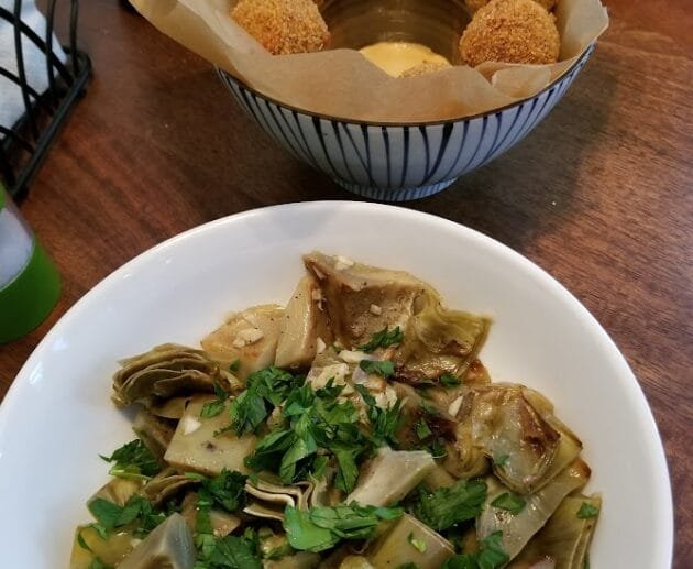 Garlic Sautéed Artichokes with Crispy Rice Balls & Mustard Dip