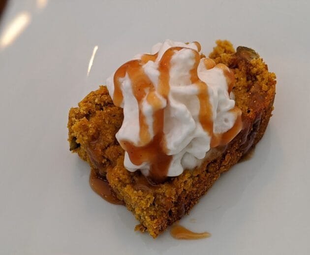 Gluten-Free Pumpkin Pecan Bar with Coconut Whipped Cream & Caramel Drizzle