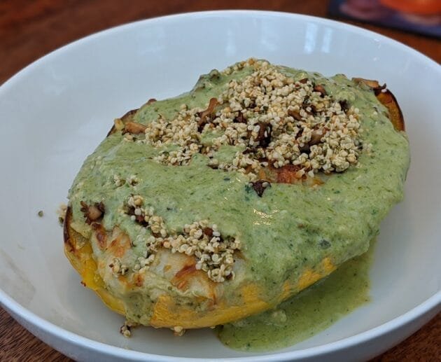 Stuffed Spaghetti Squash with Creamy Hemp Seed Pesto Sauce