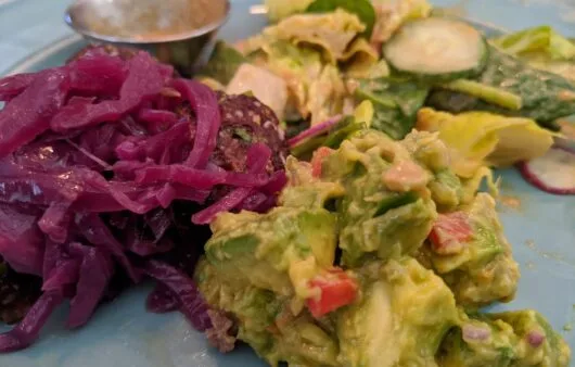 Gluten-Free, Soy-Free, Dairy-Free Falafel Bowl with Guacamole, Pickled Cabbage, and Crunchy Salad