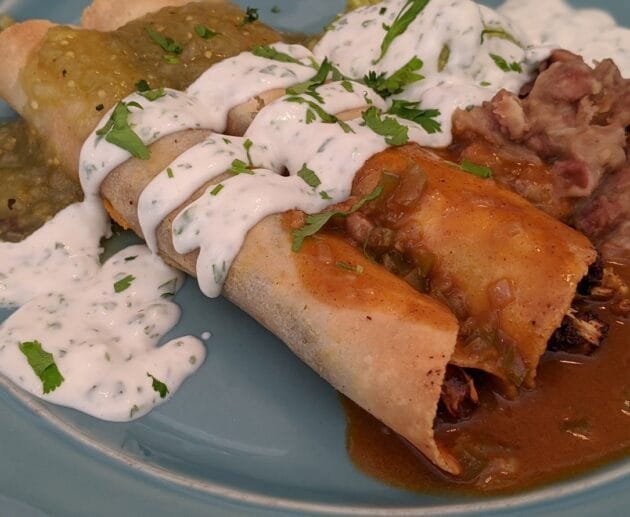 Stuffed Vegan Enchiladas with Green & Red Sauce