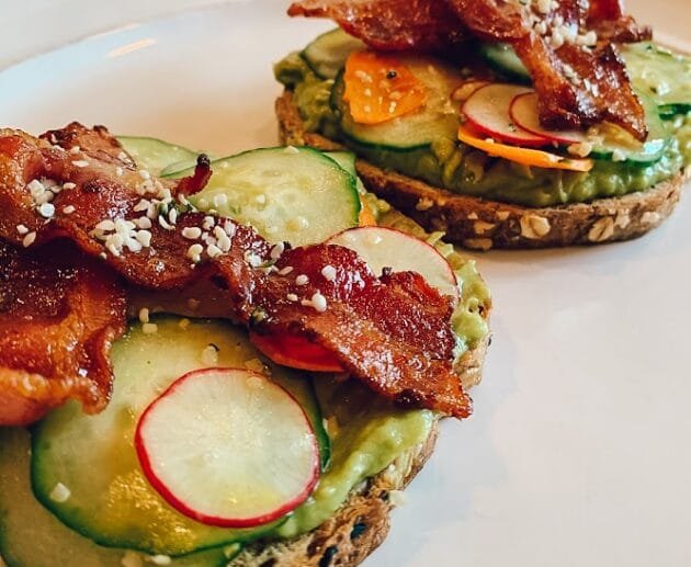 Crispy Bacon Avocado Toast with Pickled Veggies & Hemp Seeds