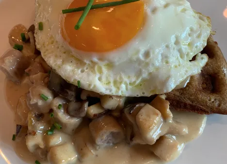Savory Gluten-Free Waffles with Creamy Mushroom Root Hash and Sunny-Side Egg