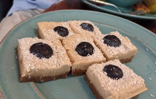Bouchées de cheesecake aux myrtilles et à la noix de coco (sans cuisson, sans gluten, sans produits laitiers, sans sucre)