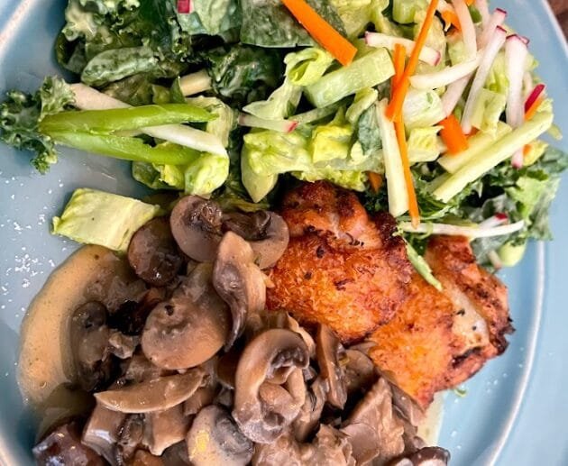Herbed Chicken Thighs with Creamy Garlic Mushroom Sauce & Crunchy Green Salad