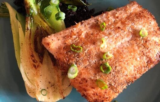 Crispy Seared Salmon with Baby Bok Choy and Black Rice