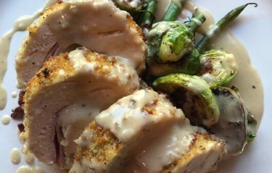 Gluten-Free Chicken Cordon Bleu with Roasted Brussels and Dairy-Free Dijon Sauce