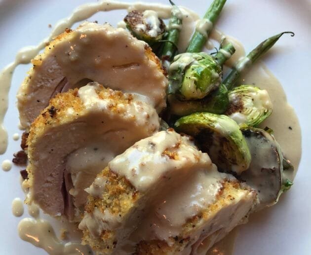 Gluten-Free Chicken Cordon Bleu with Roasted Brussels and Dairy-Free Dijon Sauce