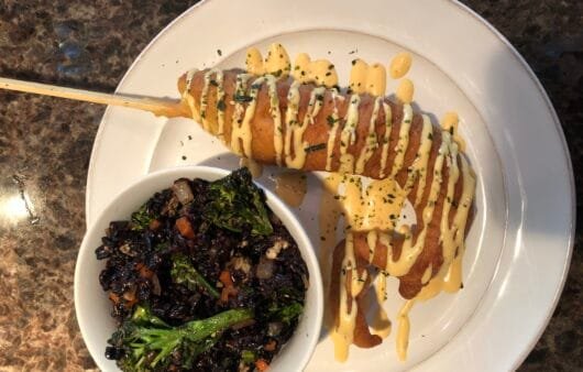 Gluten-Free Crispy Chicken Skewer with Dairy-Free Aioli and Black Rice Veggie Bowl