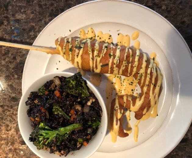 Gluten-Free Crispy Chicken Skewer with Dairy-Free Aioli and Black Rice Veggie Bowl