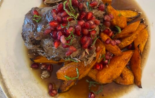 Braised Lamb with Roasted Sweet Potatoes and Pomegranate Glaze