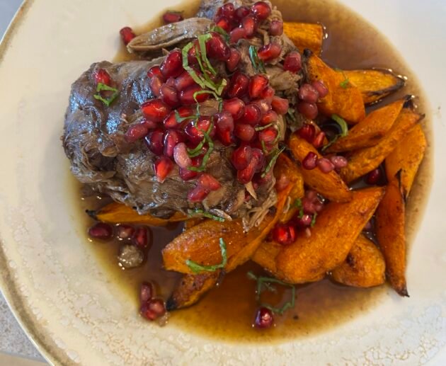 Braised Lamb with Roasted Sweet Potatoes and Pomegranate Glaze