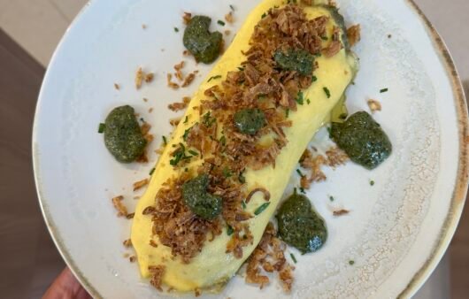 Herb-Filled Omelette with Crispy Shallots and Pesto