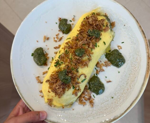 Herb-Filled Omelette with Crispy Shallots and Pesto