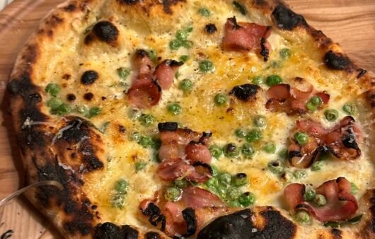 Gluten-Free White Pizza with Peas and Crispy Bacon
