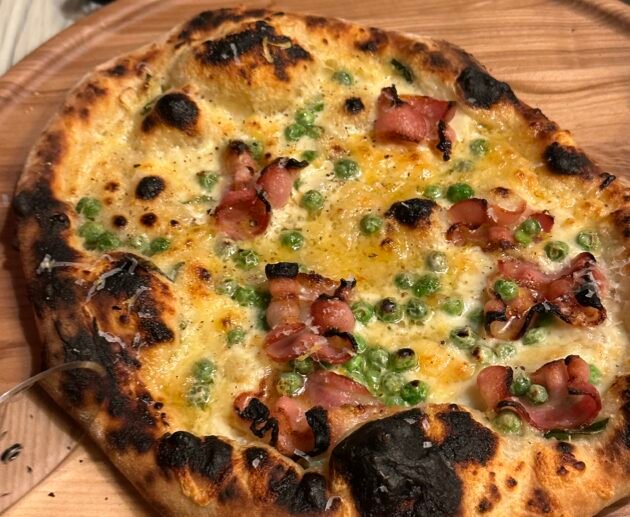 Gluten-Free White Pizza with Peas and Crispy Bacon