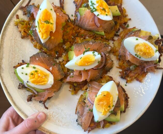 Smoked Salmon Potato Latkes with Avocado and Egg