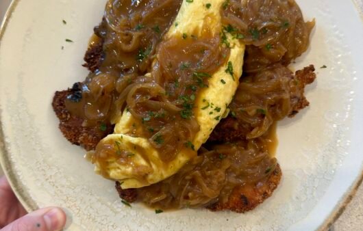 Gluten-Free Chicken Schnitzel with French Onion Sauce and Dairy-Free Omelet