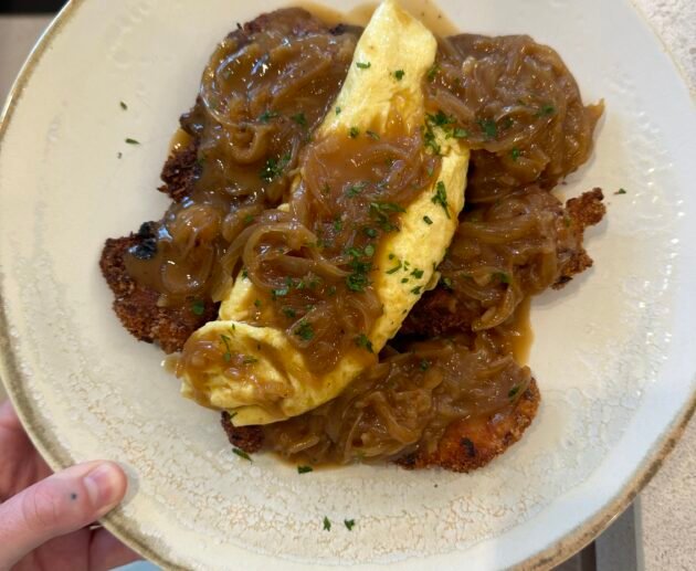 Gluten-Free Chicken Schnitzel with French Onion Sauce and Dairy-Free Omelet